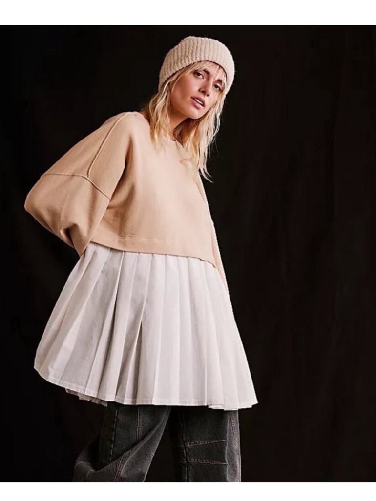Nwt Free People Eleanor Slouchy Neutral Semolina Combo Sweatshirt Dress Tunic S